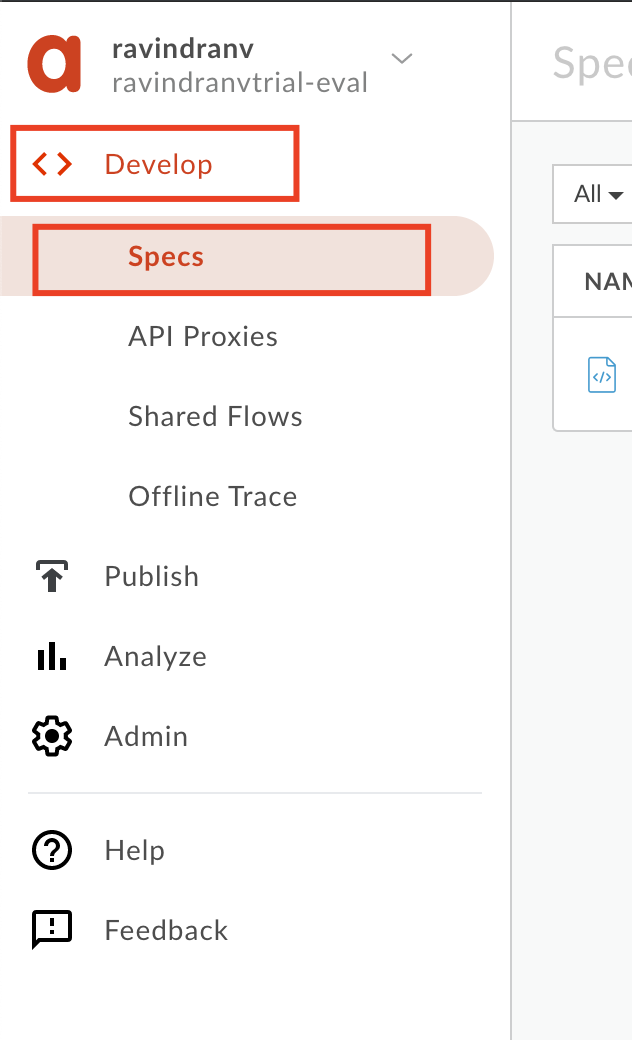 Image describing how to navigate to Apigee OpenAPI Spec editor using menu. Home - Develop - Specs