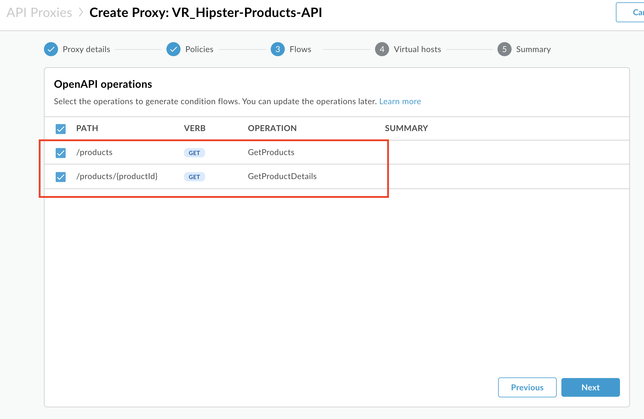 Image describing ability to select or deselect individual operations impoted from OpenAPI Spec.  User has selected the default, which is all operations.