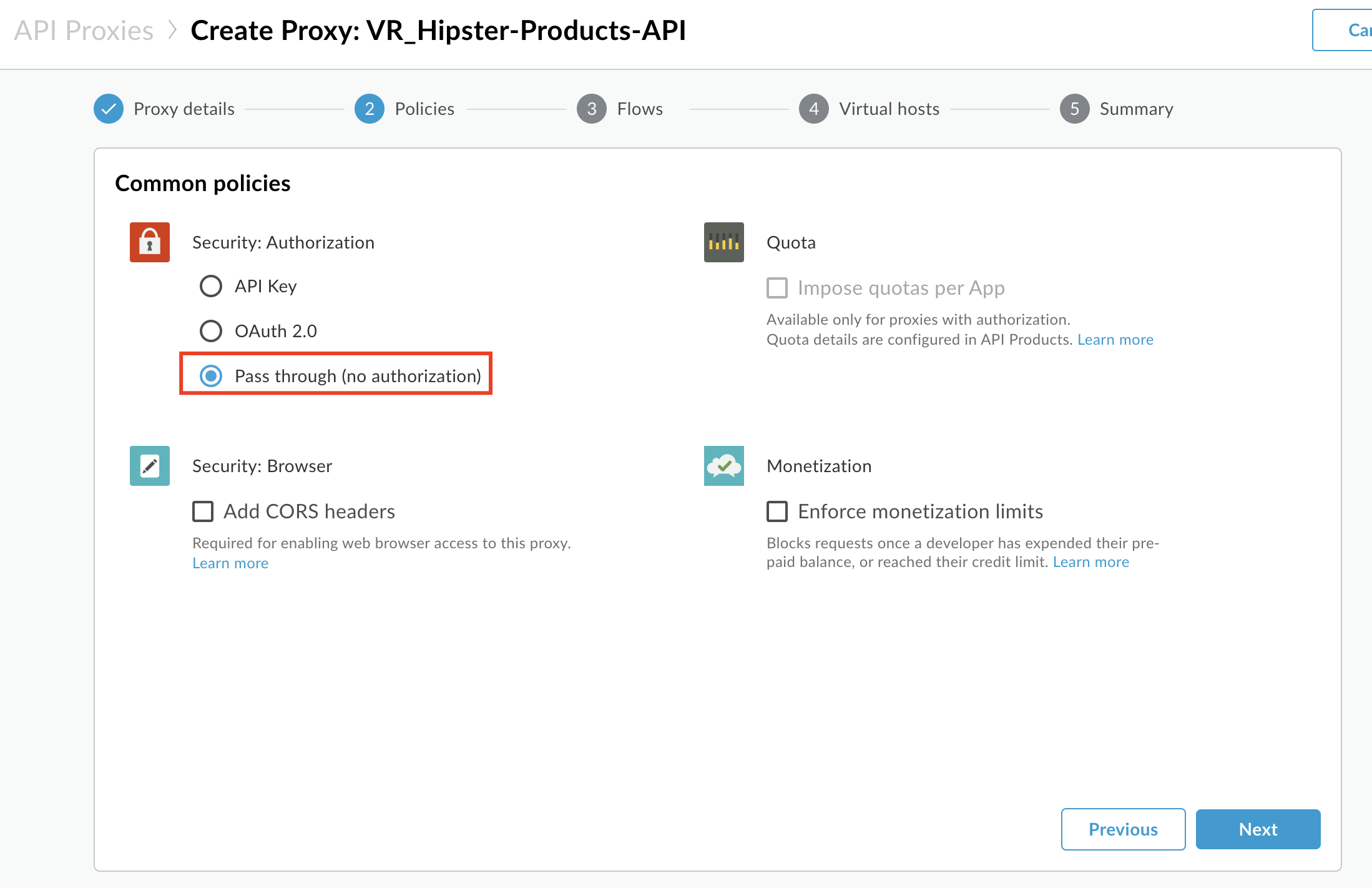 Image describing Policy selection in API Proxy Wizard.  User has selected "Pass through".