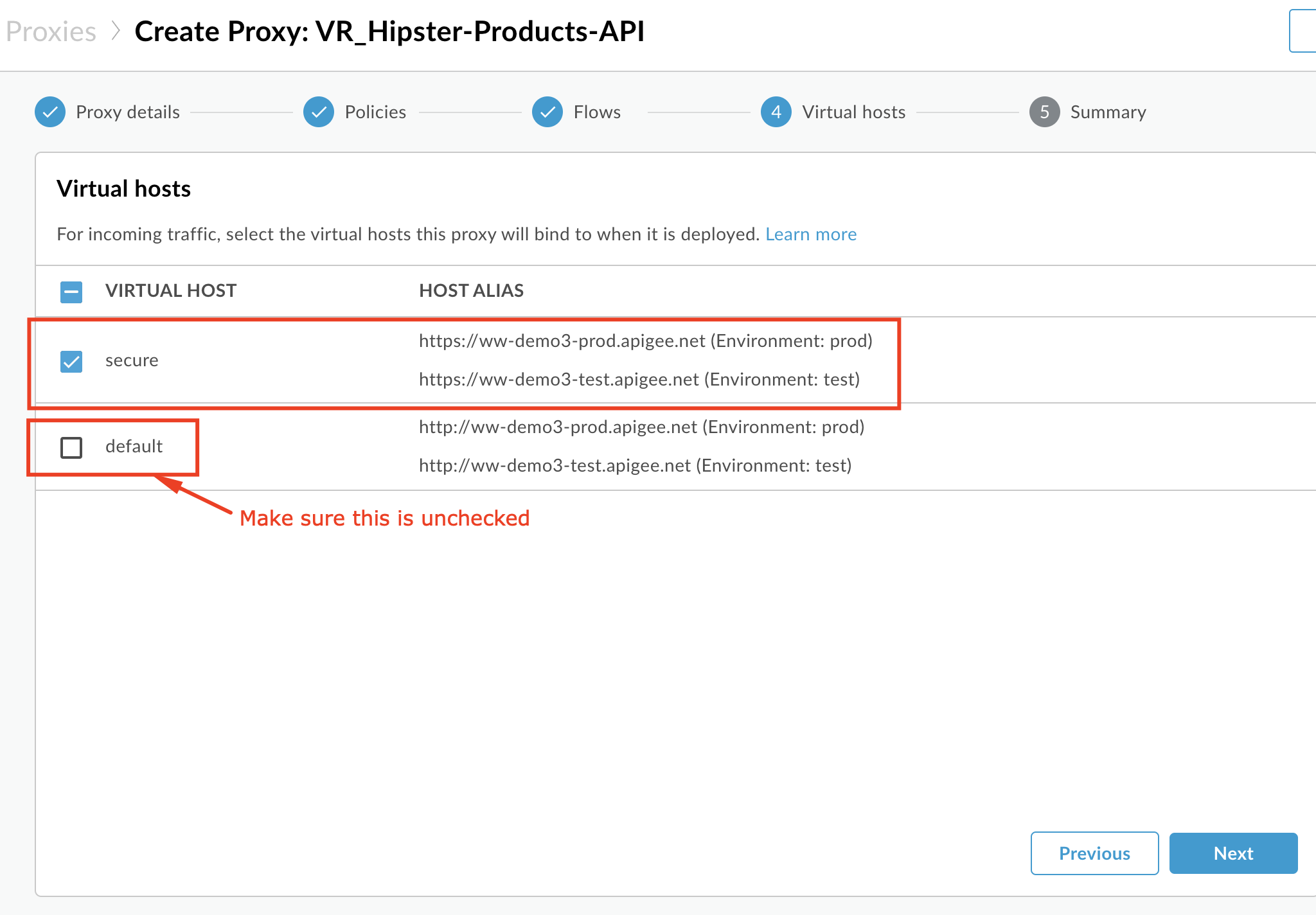 Image describing how to enable or disable the http and/or https virtual hosts.  User has unchecked "default" so only secure (https) is checked.