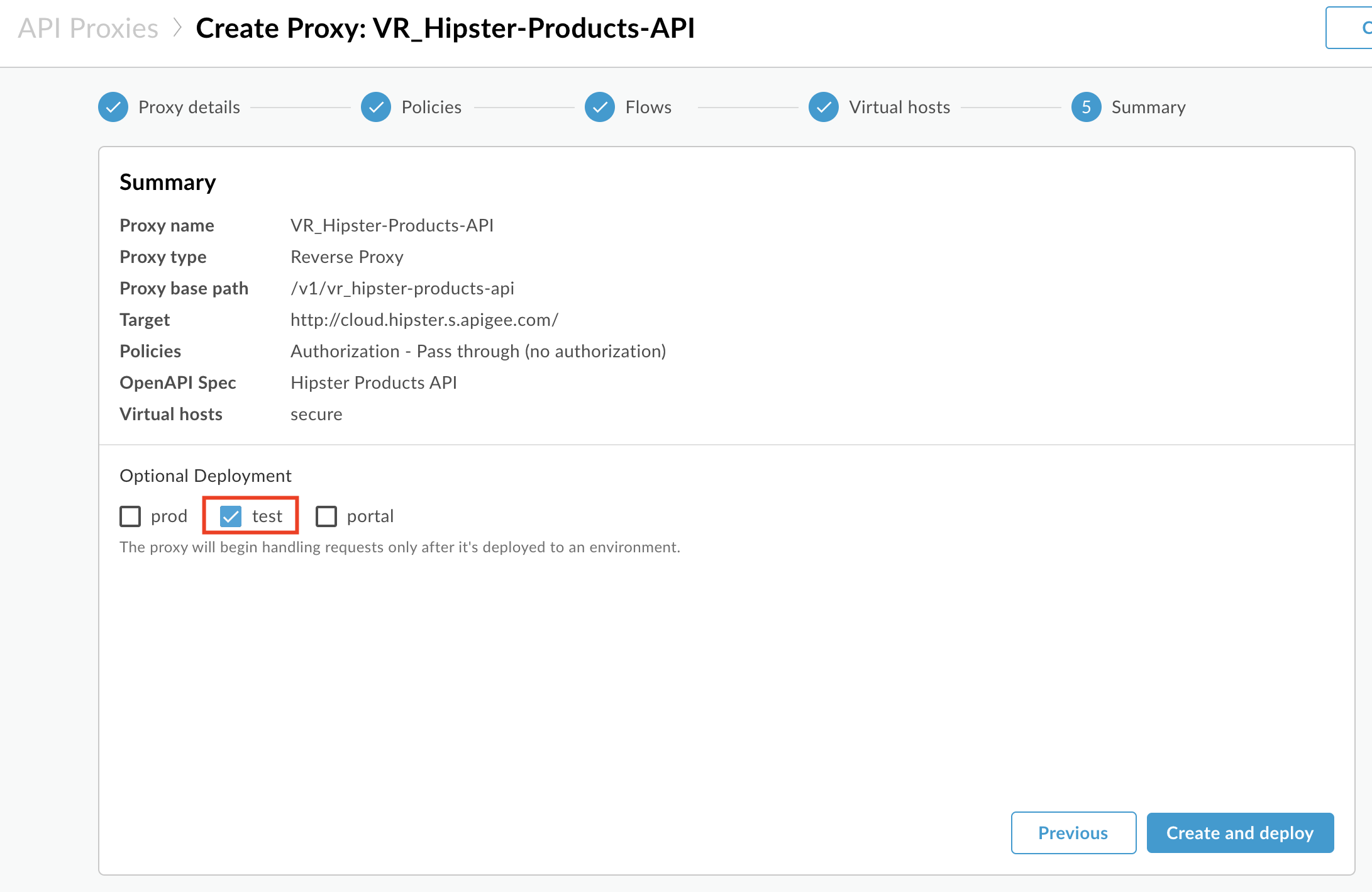 Image describing selection of which environments to deploy API Proxy to via the wizard.  User has sselected "test" and left other environments unchecked.