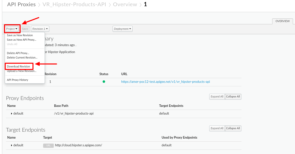 Image describing the process of downloading an API Proxy locally.  User is on the "Overview" page of the API Proxy and has clicked "Project" then "Download Revision"