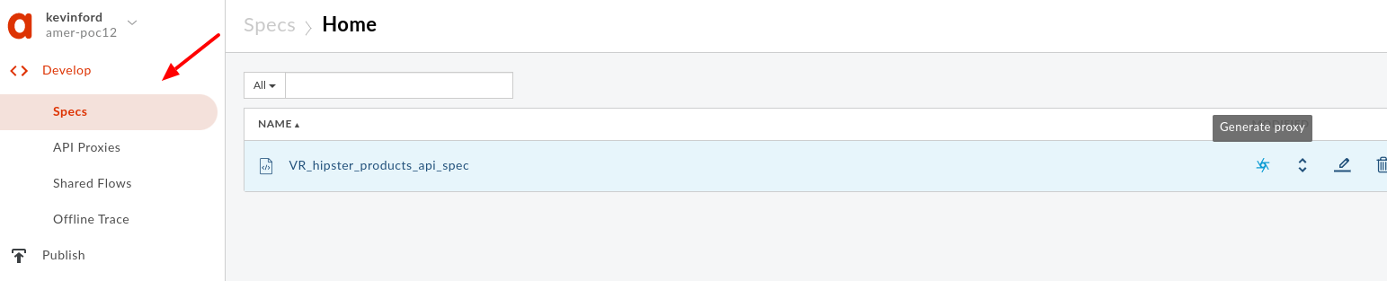 Picture of "Generate proxy" action in Specs view