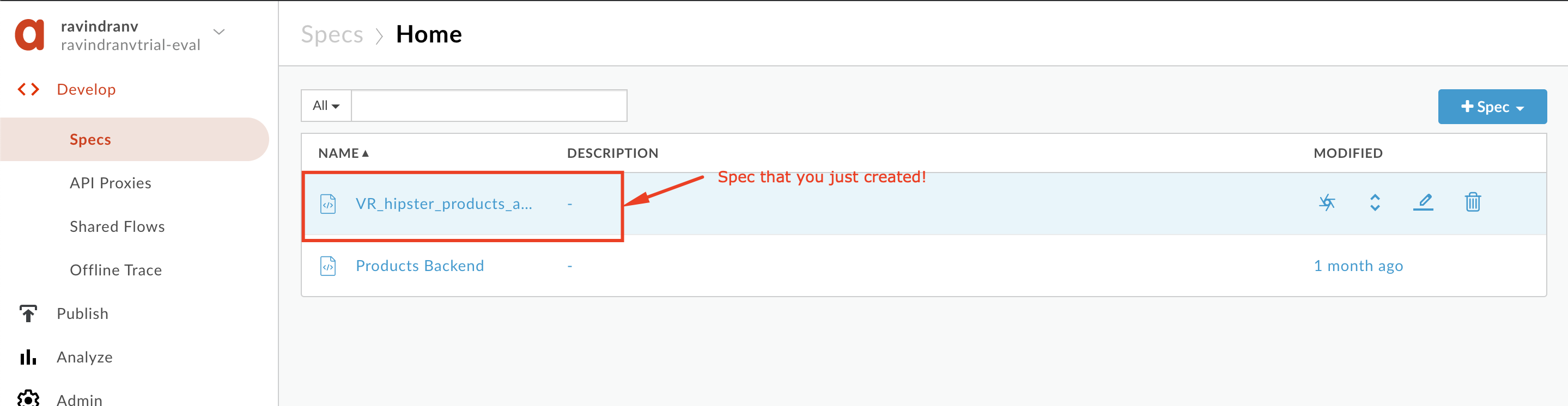 Image showing newly imported OpenAPI Spec in the Specs view