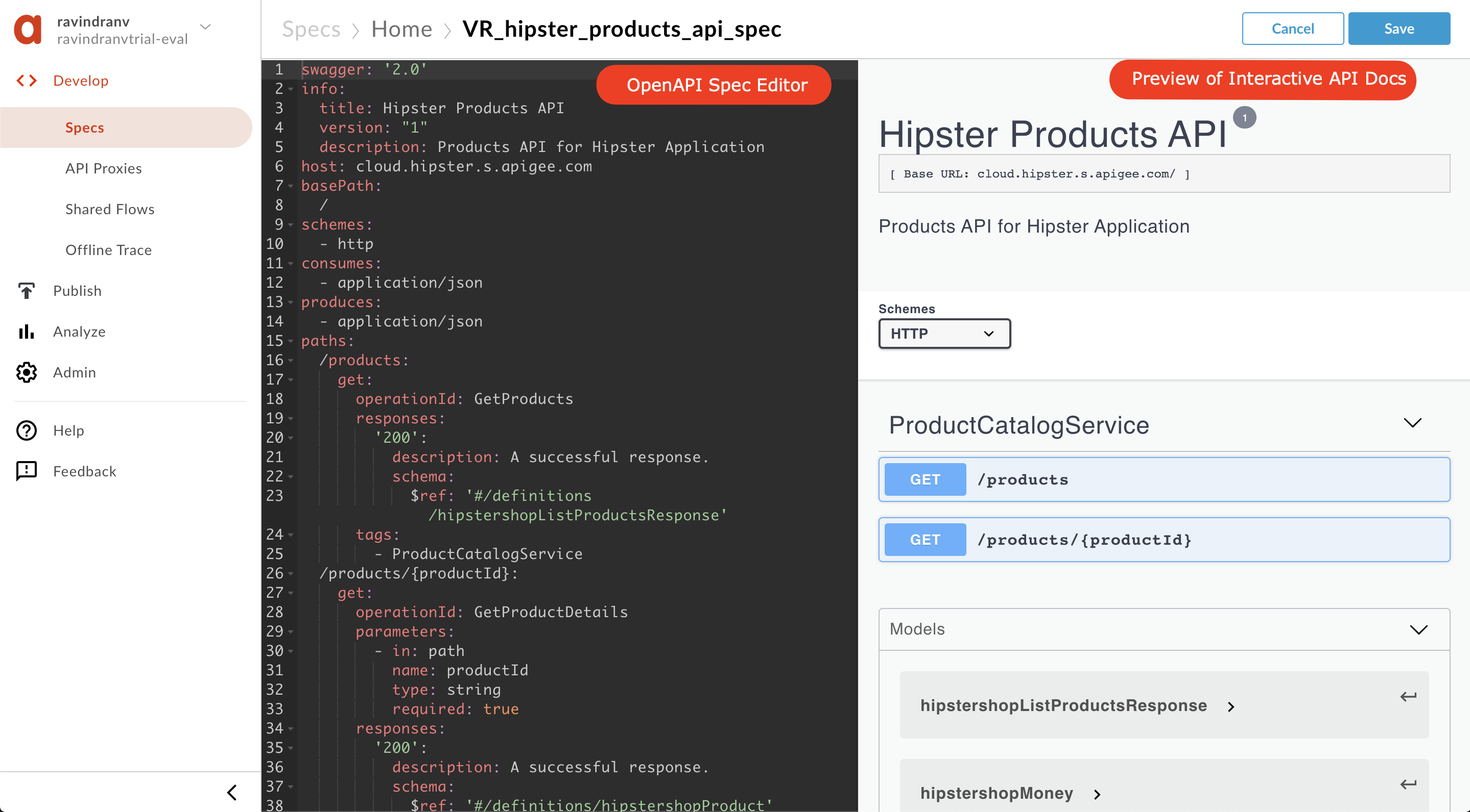 Image of OpenAPI Spec editor.  Newly imported spec is loaded in the editor