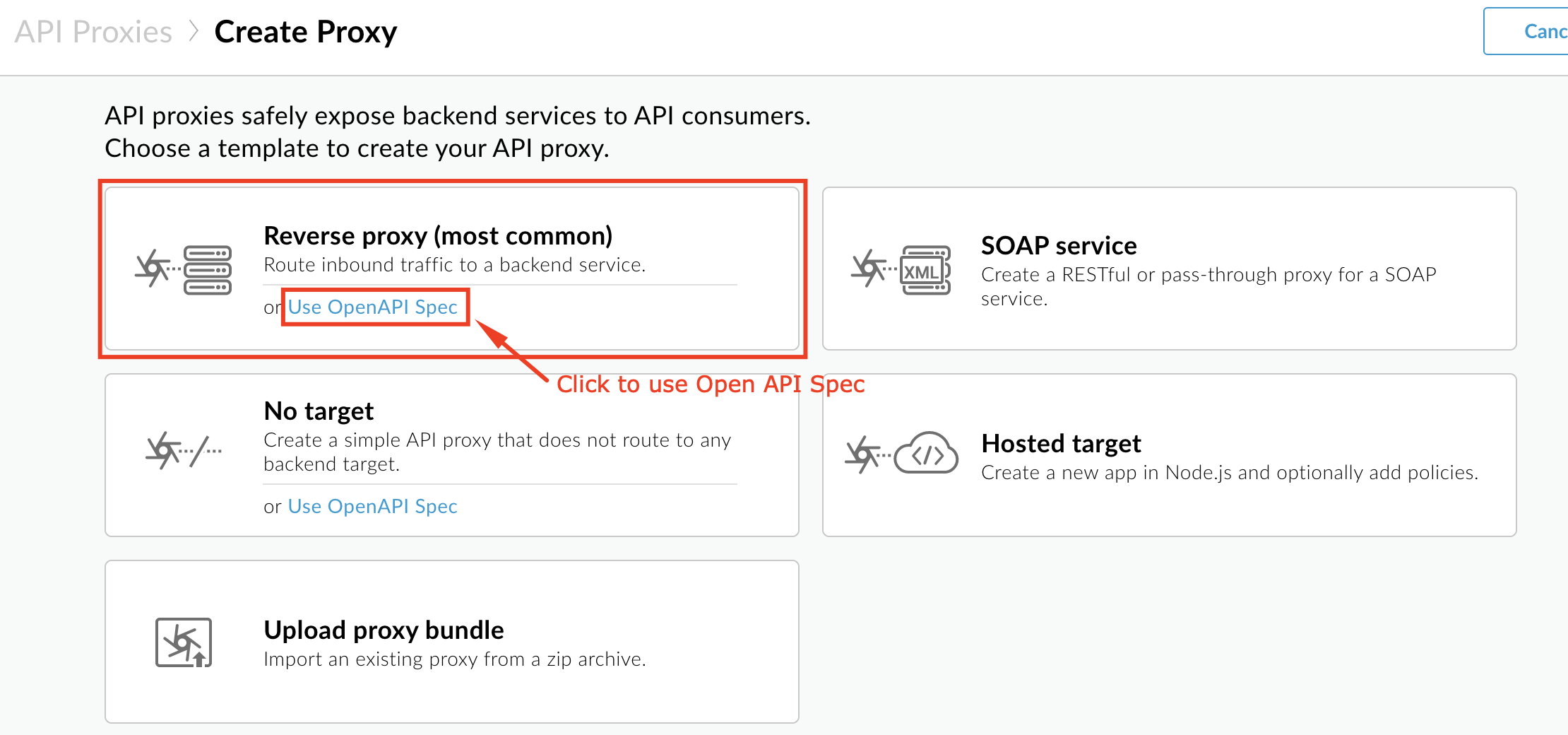 Image showing selection of API Proxy type.  User has selected Reverse Proxy and clicked "Use OpenAPI Spec"