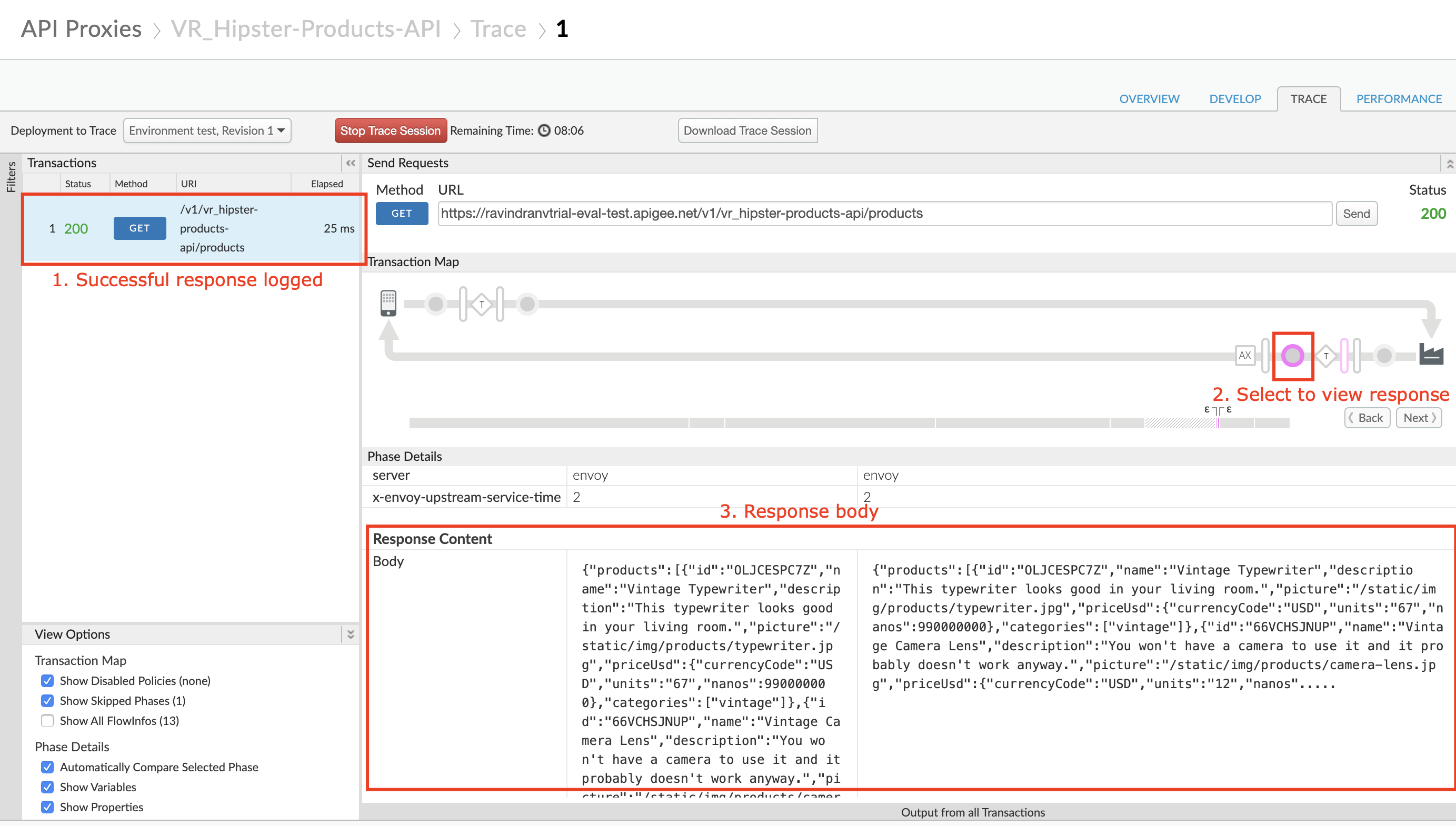 Image depicting a successful trace response.  Left pane shows the HTTP method, status code, invoked URI, and elapsed response time.  User has also clicked a node in the visual transaction map that reveals the JSON response received from the server.