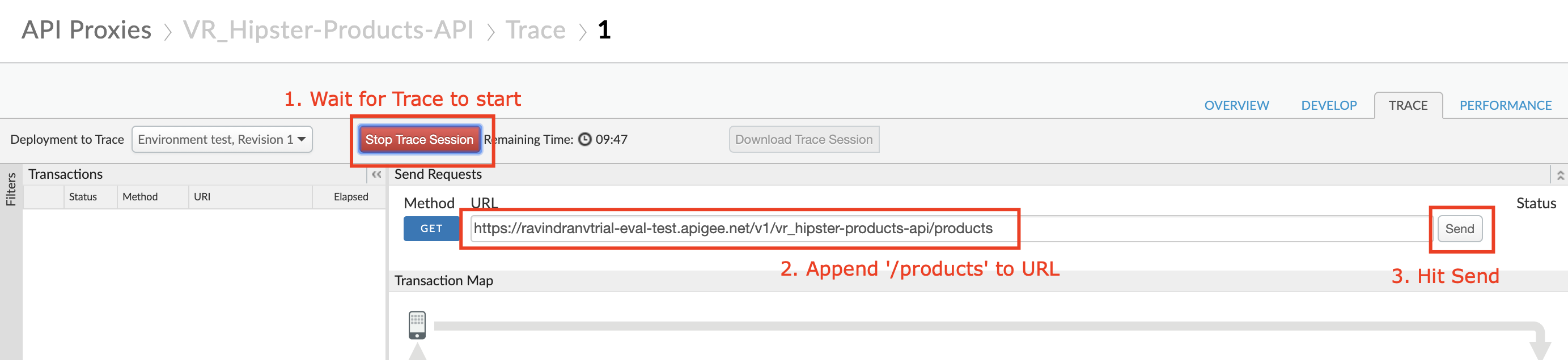 Image describing invoking the trace tool.  User appended "/products" to the URL and clicked  the "send" button.