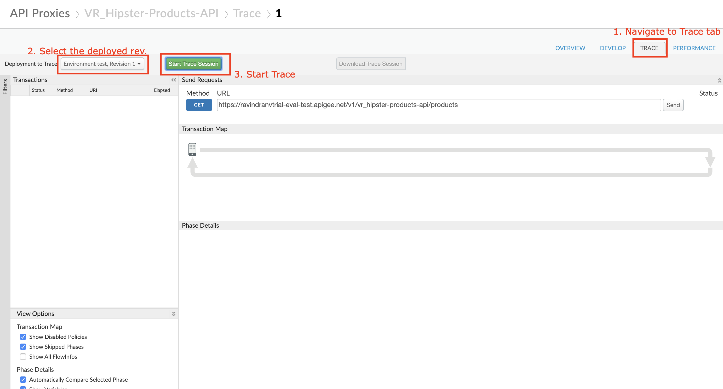 Image describing the API Proxy Trace Tool.  User has selected revision 1 to trace and then clicked the button labeled "Start Trace Session"