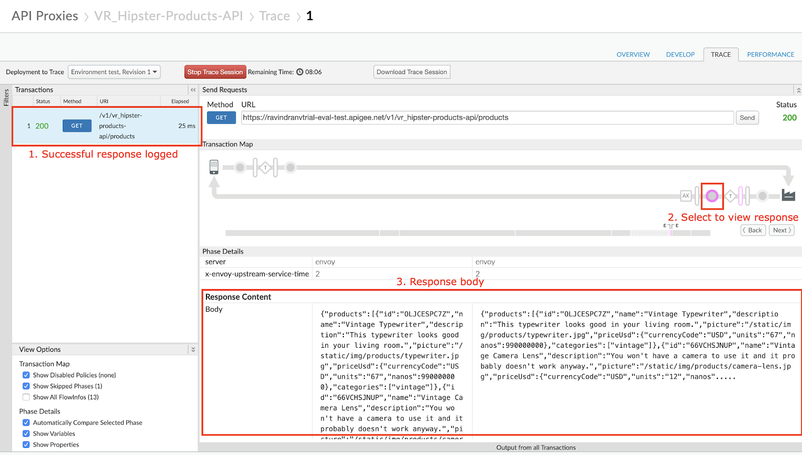 Image depicting a successful trace response.  Left pane shows the HTTP method, status code, invoked URI, and elapsed response time.  User has also clicked a node in the visual transaction map that reveals the JSON response received from the server.