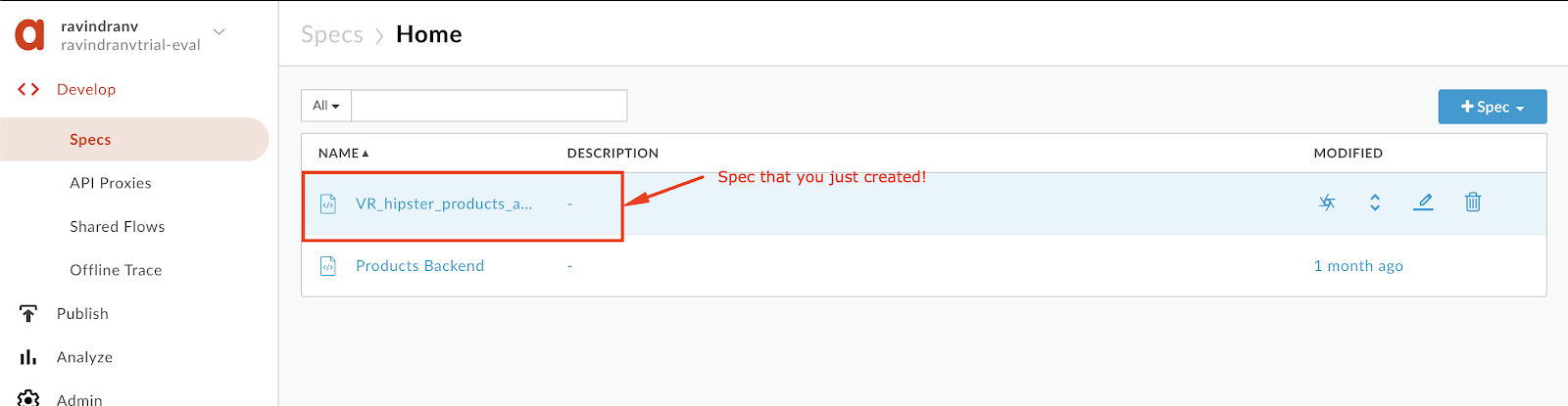 Image showing newly imported OpenAPI Spec in the Specs view