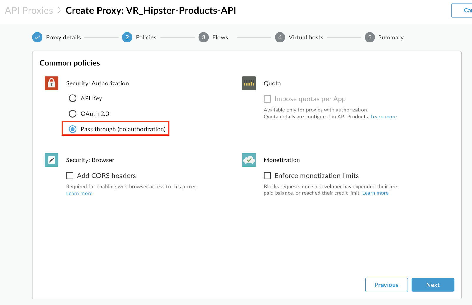 Image describing Policy selection in API Proxy Wizard.  User has selected "Pass through".